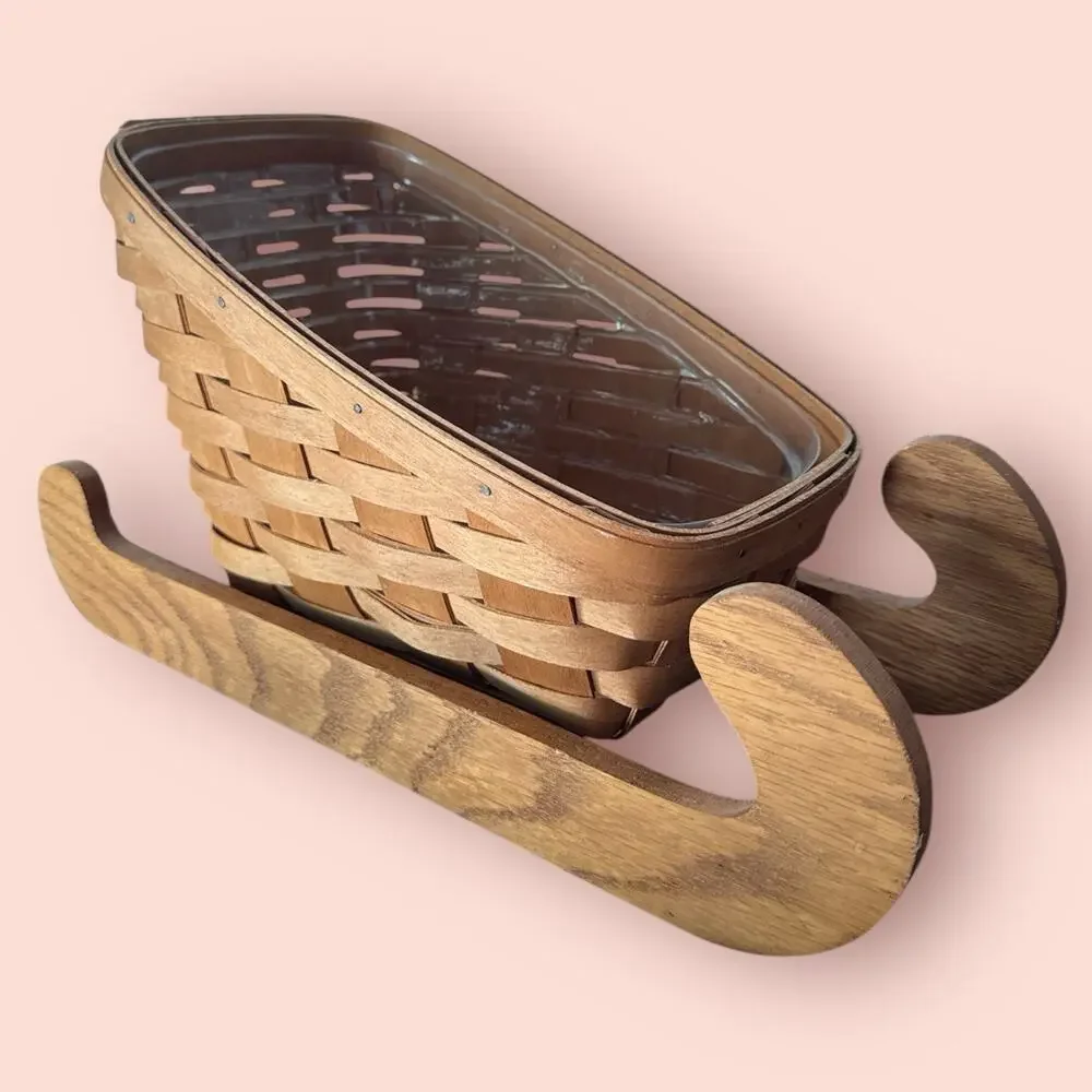 Longaberger 1993 Vegetable Basket Plastic Protector Sleigh Stand Signed 10x8 Vtg